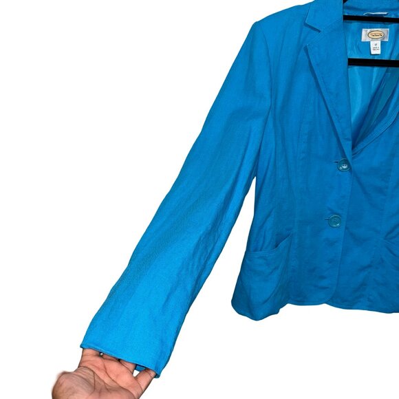 Talbots Irish Linen Turquoise Blazer Button Up Collared Pockets Women's 12 - Picture 2 of 11